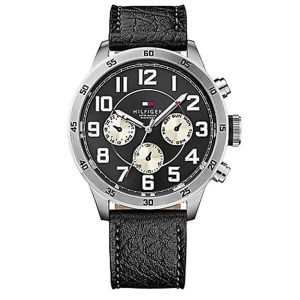 Montre homme Tommy Hilfiger Trent 46 mm réf. 1791050, cadran noir, bracelet cuir, mouvement quartz – vue de face | Horlova Maroc