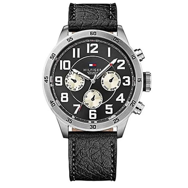 Montre homme Tommy Hilfiger Trent 46 mm réf. 1791050, cadran noir, bracelet cuir, mouvement quartz – vue de face | Horlova Maroc