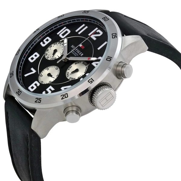 Montre homme Tommy Hilfiger Trent 46 mm réf. 1791050, cadran noir, bracelet cuir – vue rapprochée