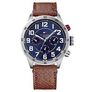 Montre homme Tommy Hilfiger Trent 46 mm réf. 1791066, cadran bleu, bracelet cuir, mouvement quartz – vue de face | Horlova Maroc