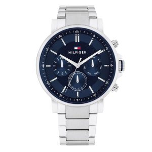 Montre homme Tommy Hilfiger Tyson 44 mm réf. 1710588, cadran bleu, mouvement quartz – vue de face | Horlova Maroc