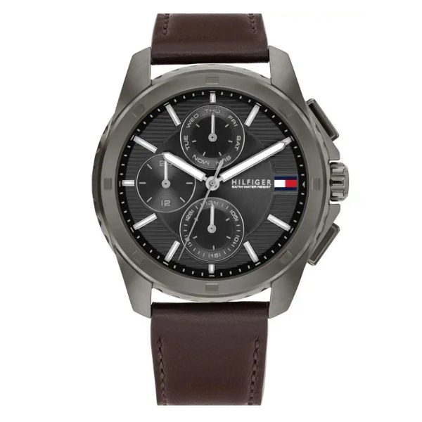 Montre homme Tommy Hilfiger Walker 44 mm réf. 1710623, cadran gris, mouvement quartz – vue de face | Horlova Maroc