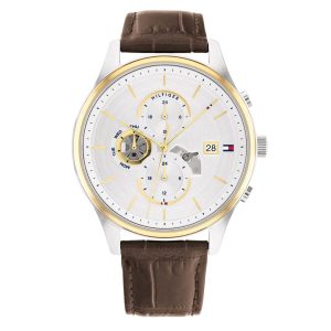 Montre homme Tommy Hilfiger Weston 44 mm réf. 1710501, cadran argenté, bracelet cuir, mouvement quartz – vue de face | Horlova Maroc