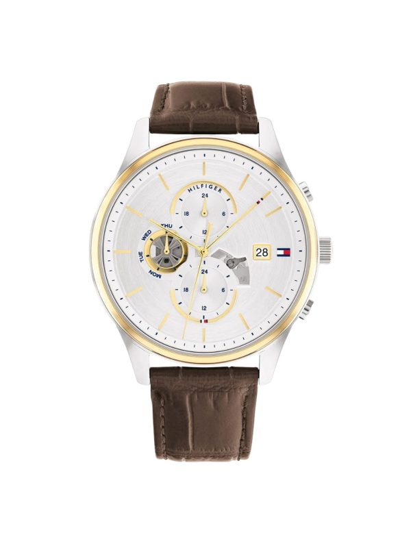 Montre homme Tommy Hilfiger Weston 44 mm réf. 1710501, cadran argenté, bracelet cuir, mouvement quartz – vue de face | Horlova Maroc