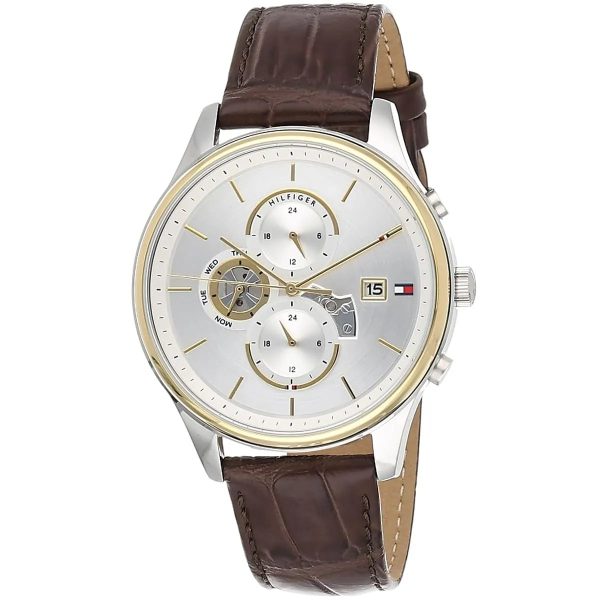 Montre homme Tommy Hilfiger Weston 44 mm réf. 1710501, cadran argenté, bracelet cuir – autre angle