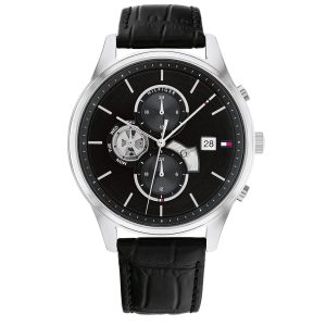 Montre homme Tommy Hilfiger Weston 44 mm réf. 1710502, cadran noir, bracelet cuir, mouvement quartz – vue de face | Horlova Maroc