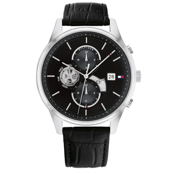 Montre homme Tommy Hilfiger Weston 44 mm réf. 1710502, cadran noir, bracelet cuir, mouvement quartz – vue de face | Horlova Maroc