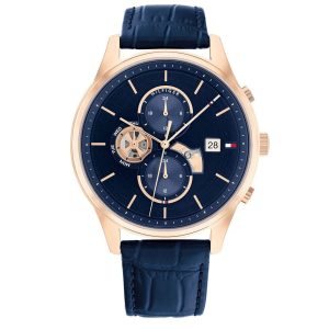 Montre homme Tommy Hilfiger Weston 44 mm réf. 1710503, cadran bleu, bracelet cuir, mouvement quartz – vue de face | Horlova Maroc