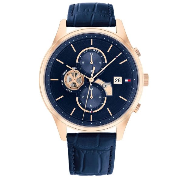 Montre homme Tommy Hilfiger Weston 44 mm réf. 1710503, cadran bleu, bracelet cuir, mouvement quartz – vue de face | Horlova Maroc