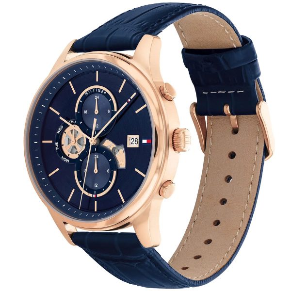 Montre homme Tommy Hilfiger Weston 44 mm réf. 1710503, cadran bleu, bracelet cuir – autre angle
