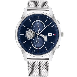 Montre homme Tommy Hilfiger Weston 44 mm réf. 1710504, cadran bleu, bracelet acier, mouvement quartz – vue de face | Horlova Maroc