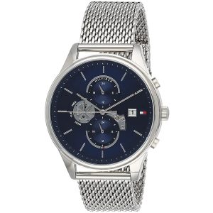 Montre homme Tommy Hilfiger Weston 44 mm réf. 1710504, cadran bleu, bracelet acier – vue de trois-quarts