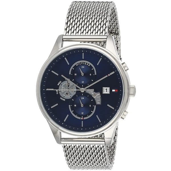 Montre homme Tommy Hilfiger Weston 44 mm réf. 1710504, cadran bleu, bracelet acier – vue de trois-quarts
