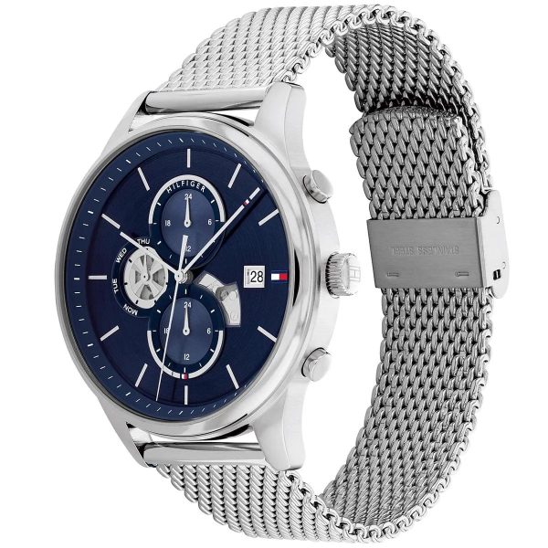 Montre homme Tommy Hilfiger Weston 44 mm réf. 1710504, cadran bleu, bracelet acier – vue rapprochée
