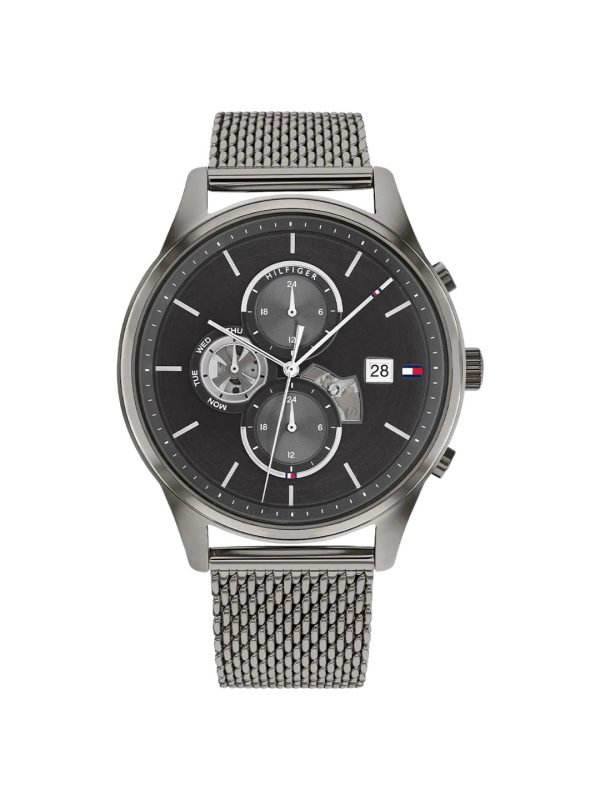 Montre homme Tommy Hilfiger Weston 44 mm réf. 1710506, cadran noir, bracelet acier, mouvement quartz – vue de face | Horlova Maroc
