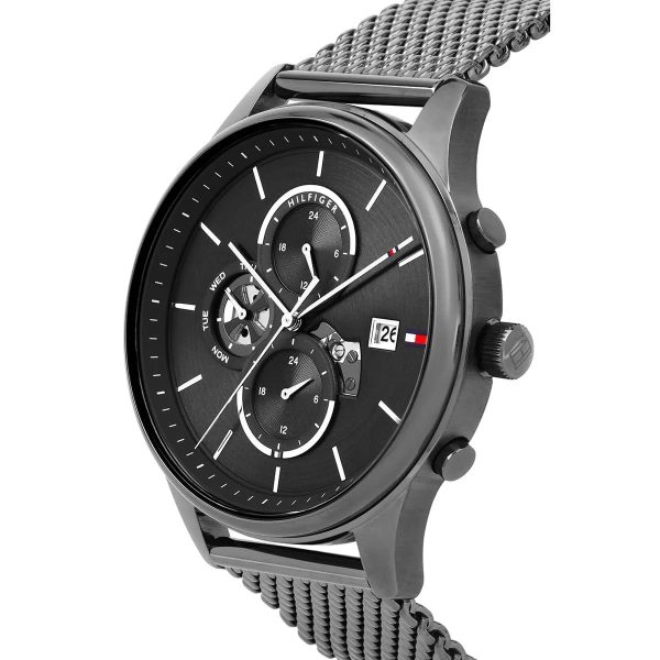 Montre homme Tommy Hilfiger Weston 44 mm réf. 1710506, cadran noir, bracelet acier – vue rapprochée