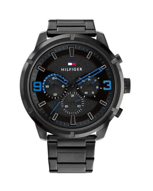 Montre homme Tommy Hilfiger Wild 50 mm réf. 1792070, cadran noir, bracelet acier, mouvement quartz – vue de face | Horlova Maroc