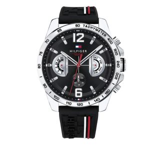 Montre homme Tommy Hilfiger Yacht 46 mm réf. 1791473, cadran noir, bracelet silicone, mouvement quartz – vue de face | Horlova Maroc