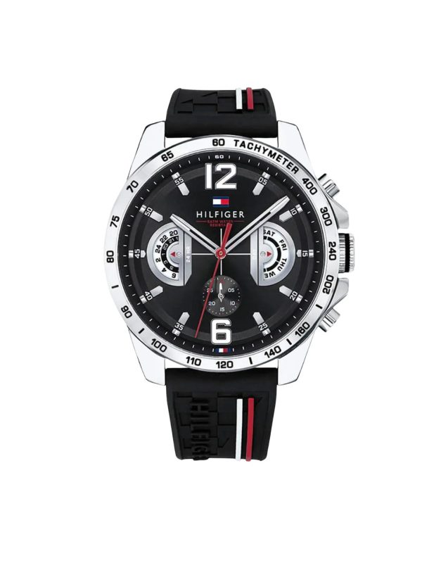 Montre homme Tommy Hilfiger Yacht 46 mm réf. 1791473, cadran noir, bracelet silicone, mouvement quartz – vue de face | Horlova Maroc