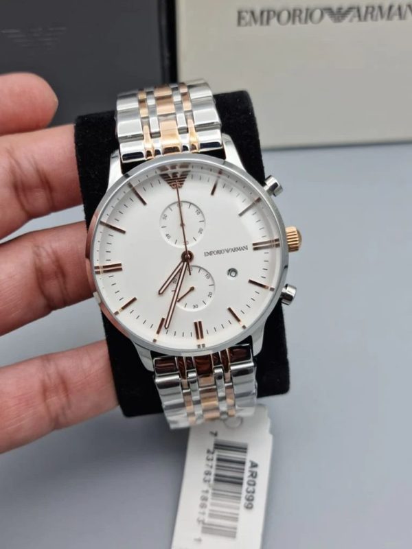 Montre mixte Emporio Armani réf. AR0399, mouvement quartz, boîtier 43 mm, acier inoxydable, cuir, verre saphir – deuxième vue