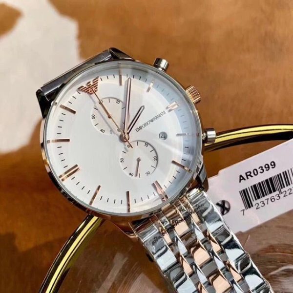 Montre mixte Emporio Armani réf. AR0399, mouvement quartz, boîtier 43 mm, acier inoxydable, cuir, verre saphir – quatrième vue